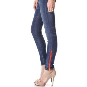 etienne marcel medium wash signature skinny crop jeans red zippers womens sz 30